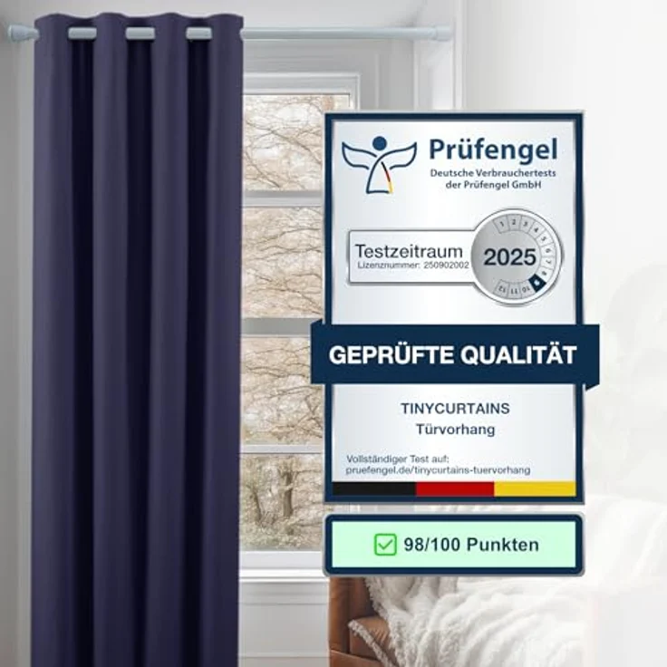 tinycurtains Türvorhang mit Stange weiß 70-120 cm Thermo Vorhang ohne Bohren, blickdicht, Ösen, verdunkelnd, Polyester, dunkelblau Ocean, Türgardine mit Klemmstange Raumtrenner Vorhang Tür – Bild 5