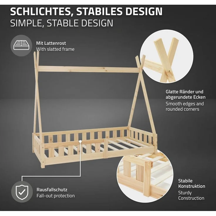 ML-DESIGN Spielbett Hausbett Tipi Zeltbett inkl. Lattenrost Bodenbett Kinder Himmelbett, Abenteuerbett mit Rausfallschutz Zelt Bett Kiefer Kinderhaus Natur – Bild 3