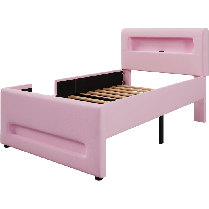 Gepolstertes Plattformbett 90x200 cm mit Treppe, Schubladen, LED-Lichtleisten, USB und Aufbewahrungstaschen, Rosa – Bild 8
