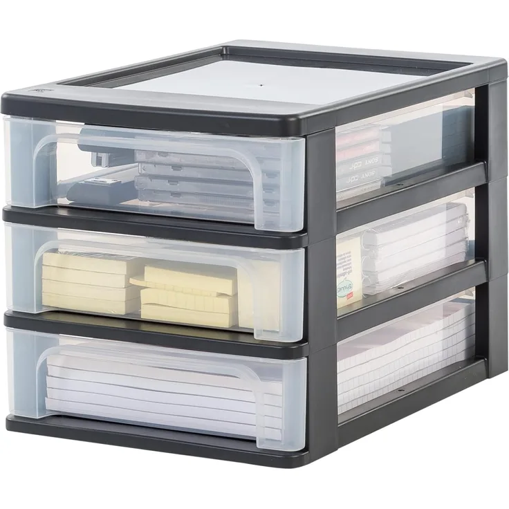 Iris Ohyama, Schubladenbox, Schubladenschrank, Schwarz, 3 Transparente Schubladen, A4, Schubladenbox kunststoff, Schreibtisch Organizer für Büro, Aufbewahrung, Büro, Schule, BPA-frei, OCH-2030