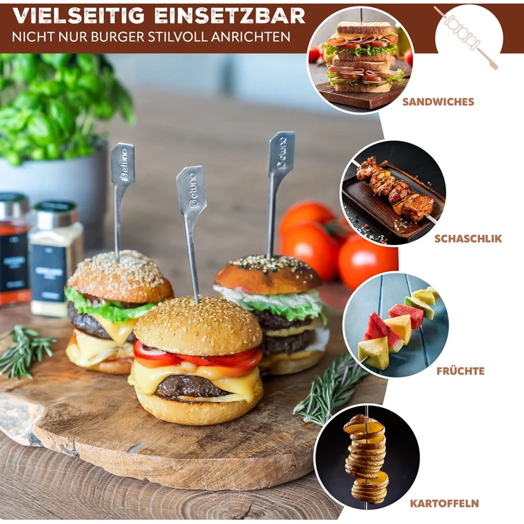 Burger-Spieße 4er Set - 19 cm Länge - geeignet für Burger Sandwiches, Schaschlik und Früchte, aus hochwertigem Edelstahl – Bild 5