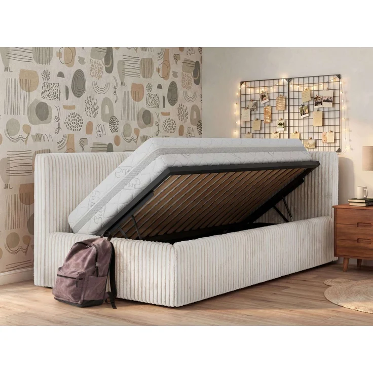 Jugendbett 90x200 cm TILVO mit Bettkasten, Polsterbett, Jugendzimmer, Lattenrost und gepolstertem Kopfteil, Multipocket Matratze - Beige Cord - Rechts - ELORI LUX – Bild 4