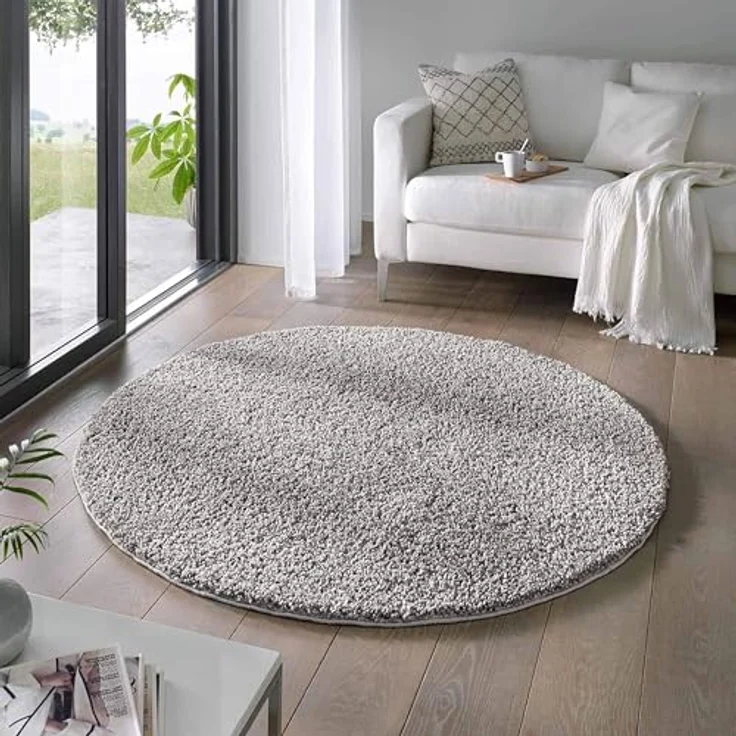TaraCarpet Langflor-Teppich Venezia Shaggy, rund, Höhe: 35 mm, Hochflor Shaggy Uni Grau Wohnzimmer Schlafzimmer 080x080 cm – Bild 1