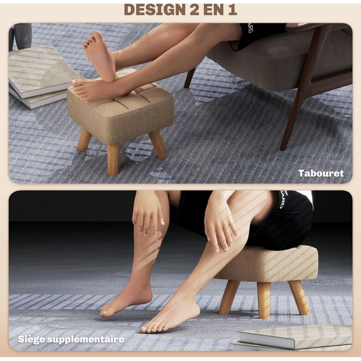 Fußhocker für das Wohnzimmer, gepolsterter Sitz aus Stoff mit Holzbeinen, 27 x 27 x 26 cm, hellbraun – Bild 6