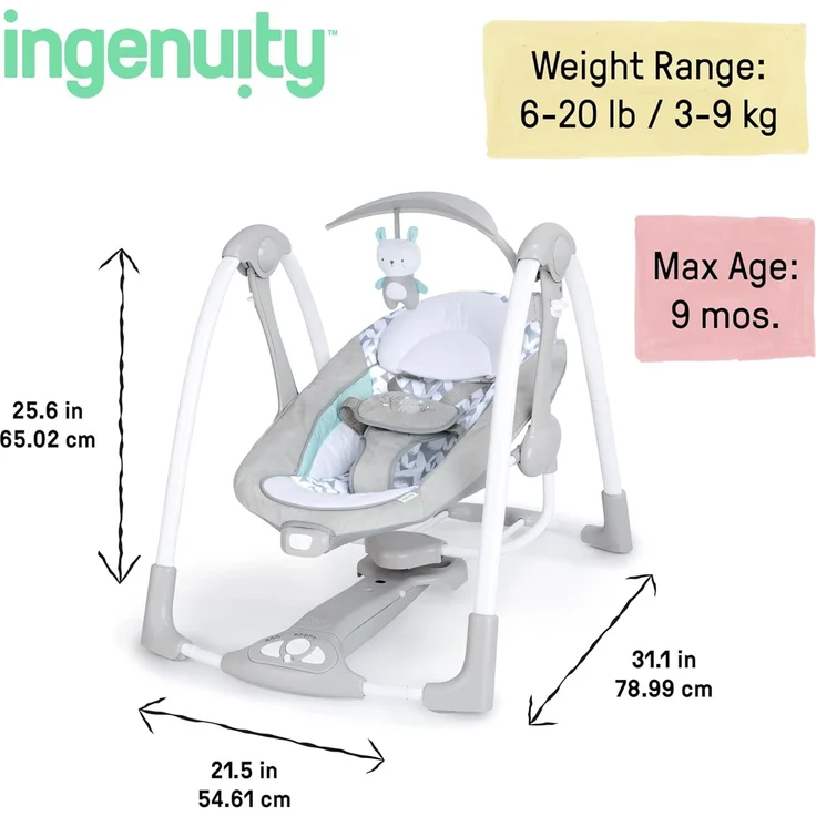 Ingenuity, Raylan 2 in 1 zusammenklappbare Babschaukel und -sitz, mit Vibrationen, automatischem Schaukeln und Melodien, Grau, 1 Stück (1er Pack) – Bild 4