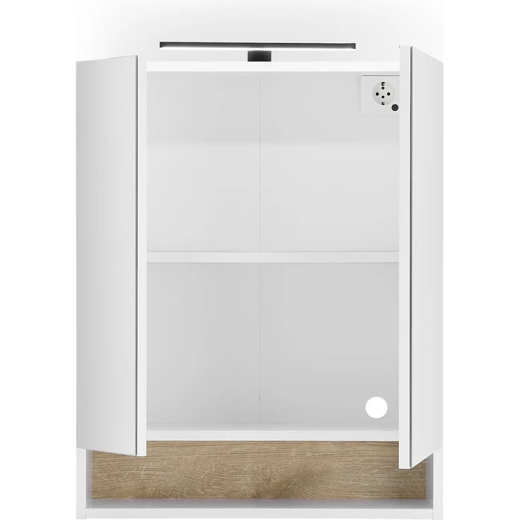 Badezimmerspiegelschrank >Denver< LED, Steckdose, weiß matt / eiche Dekor - 60x75x22 (BxHxT) – Bild 5