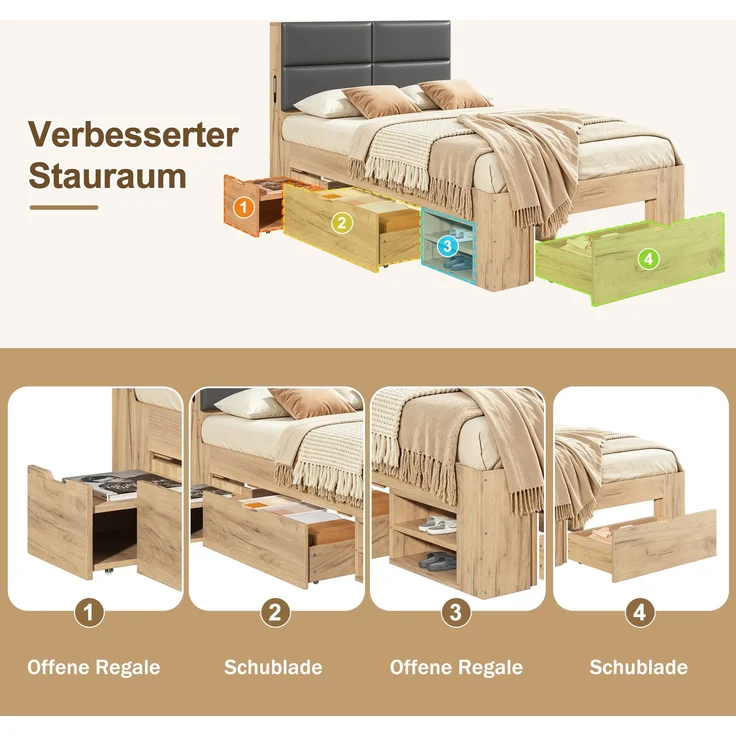 Stauraumbett mit Schubladen, Liegefläche 90×200 cm, Nachtlicht und USB, Natur, ohne Matratze – Bild 8