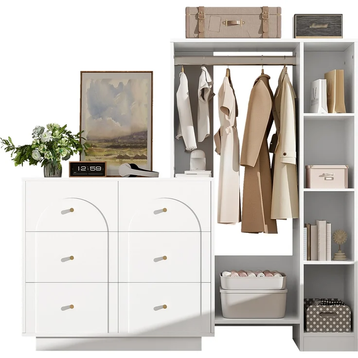 Moderner Mehrzweck-Kleiderschrank, offene Garderobe mit Kleiderstange, 6 Schubladen und Seitenregalen, Schlafzimmer-Aufbewahrungsschrank, Weiß, 139 × 35 × 133 cm--Weiß--139x35x133cm--YOUDENOVA – Bild 10