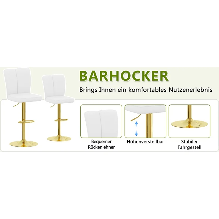 Höhenverstellbarer Barhocker im 2er-Set, 360° drehbar. Luxuriöser Barhocker im Weiß-Gold-Design aus wasserabweisendem PU-Leder, geeignet für Kücheninseln. Verschiedene Farben erhältlich.--Weiß + Gold--37x44x44.5cm--YOUDENOVA – Bild 5