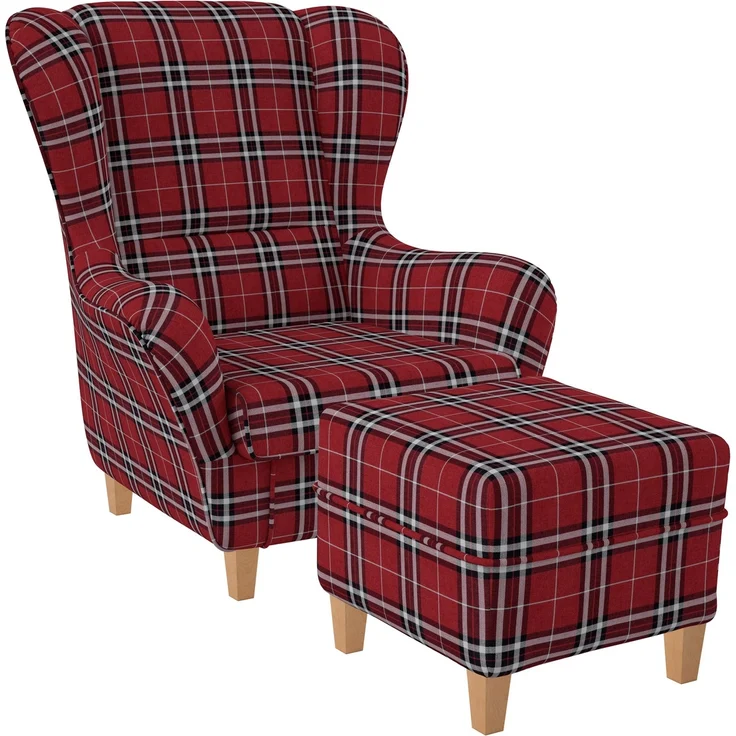 Supellex Sofia Ohrensessel mit Hocker | Design Oxford kariert Rot – Bild 1