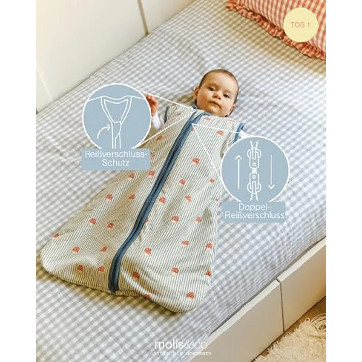 molis&co - Baby Schlafsack ärmellos - Ideal für Frühling und Herbst - Babyschlafsack 1 tog ohne Ärmel - Leicht gepolstert - 100% Baumwolle (Oeko-TEX 100), Premium Qualität - Mushrooms (70 cm) – Bild 4
