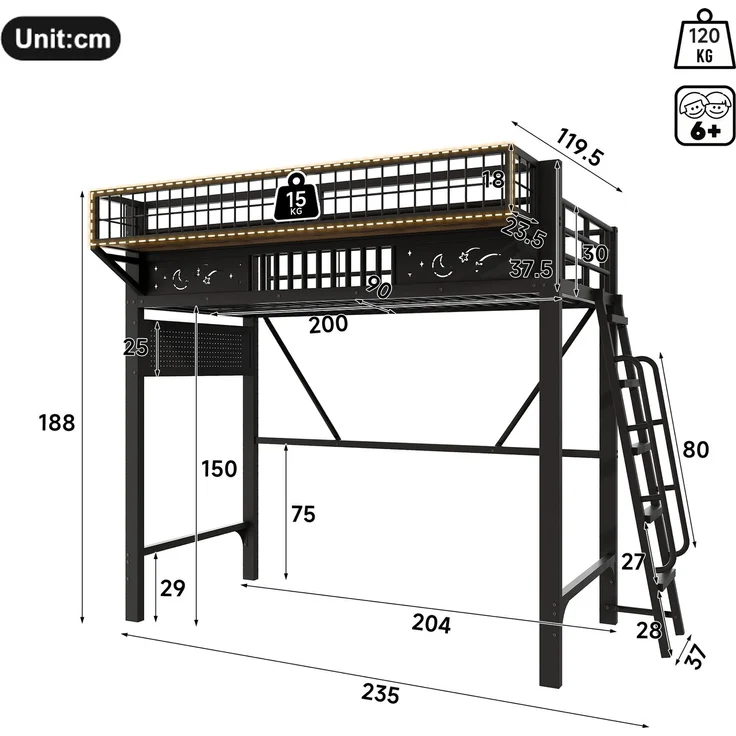 Hochbett, 90 x 200 cm, Metallbettgestell, Staufächer, offene untere Ebene, Ohne Matratze, Schwarz – Bild 5