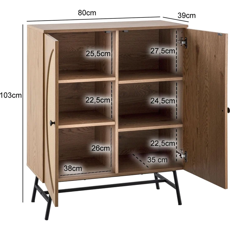FINEBUY Sideboard FB104655 (80x103x39 cm Anrichte, Eiche-Dekor Rattangeflecht), Kommode Türen Highboard, Hoher Kommodenschrank – Bild 3
