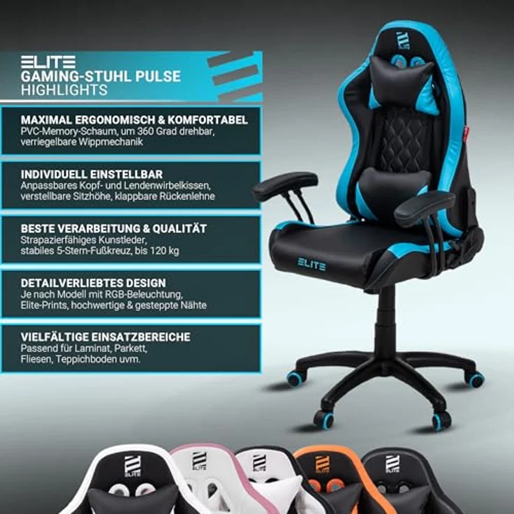 ELITE Pulse - Gaming Stuhl für Kinder - Kunstleder - Ergonomisch - Racer - Drehstuhl - Chair - Bürostuhl - Schreibtischstuhl - Gamer-Design (Schwarz/Blau) – Bild 5