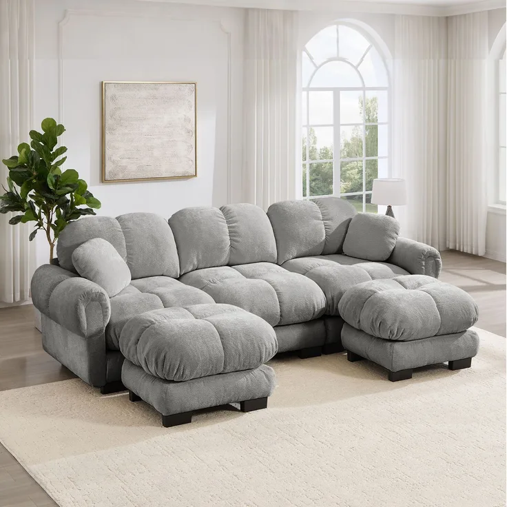 U-förmiges Sofa aus Chenille mit Steppdesign, flexible Module, 260x149x90 cm, Hellgrau