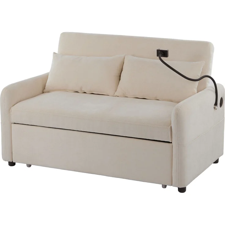 Ausziehbares Schlafsofa 2-Sitzer mit USB-Anschluss & verstellbarer Rückenlehne mit Kissen und Stauraumtaschen,multifunktionales,Beige – Bild 8