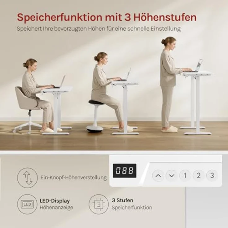 WOLTU Höhenverstellbarer Schreibtisch Elektrisch, kompakt mit Memory-Funktion & Kollisionsschutz, 80kg Tragkraft, geräuscharm, 80 x 48 cm, Weiß – Bild 5