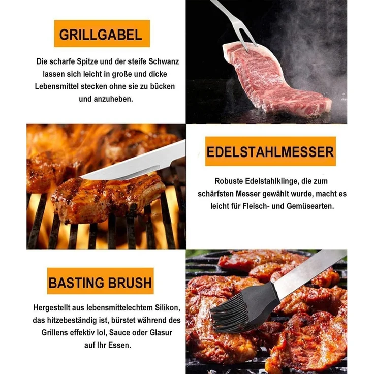LuxusKollektion Grillbesteck-Set mit Schürze und Koffer, 20-teilig, Edelstahl silber – Bild 3