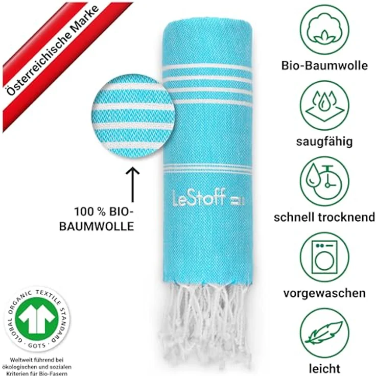 LeStoff das traditionelle Hamamtuch Strandtuch Badetuch Saunatuch Duschtuch Spa Sport Yoga Reisen 100% Bio-Baumwolle. Nachhaltig, natürlich, weich und vorgewaschen. (95x180 cm, Aqua) – Bild 4