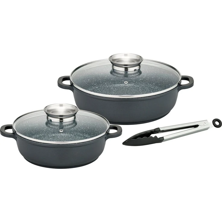 GSW Pfannen-Set Gourmet Granit, Aluminiumguss (Set, 5-tlg, 1x Servierpfanne mit Glasdeckel 24cm, 28cm, Servierzange), Aluminium-Guss, VITAFLON® GRANIT Antihaft-Versiegelung, Induktion – Bild 1
