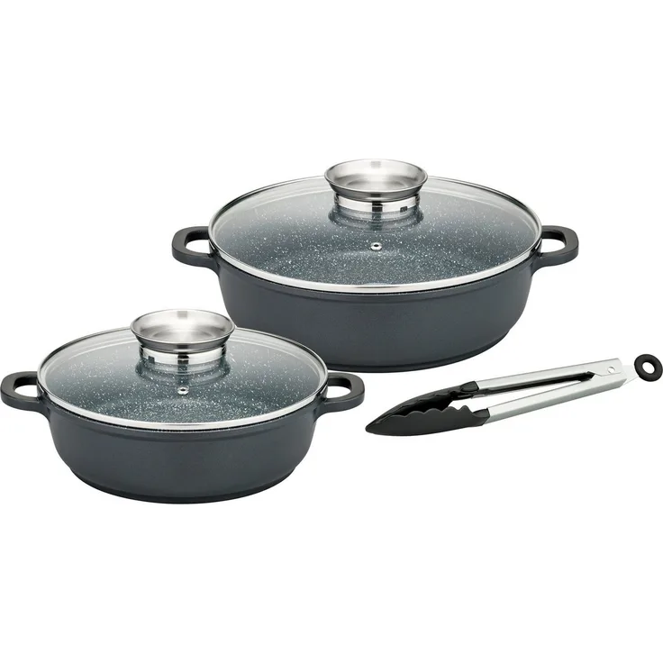 GSW Pfannen-Set Gourmet Granit, Aluminiumguss (Set, 5-tlg, 1x Servierpfanne mit Glasdeckel 24cm, 28cm, Servierzange), Aluminium-Guss, VITAFLON® GRANIT Antihaft-Versiegelung, Induktion