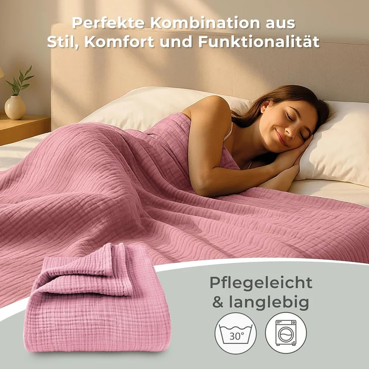 LAYNENBURG Premium Musselin Tagesdecke 220x240 cm XXL - 100% Baumwolle - extraweiche Baumwolldecke als Kuscheldecke, Bett-Überwurf, Sofa-Überwurf, Couch-Überwurf - warme Sofa-Decke (Altrosa) – Bild 7