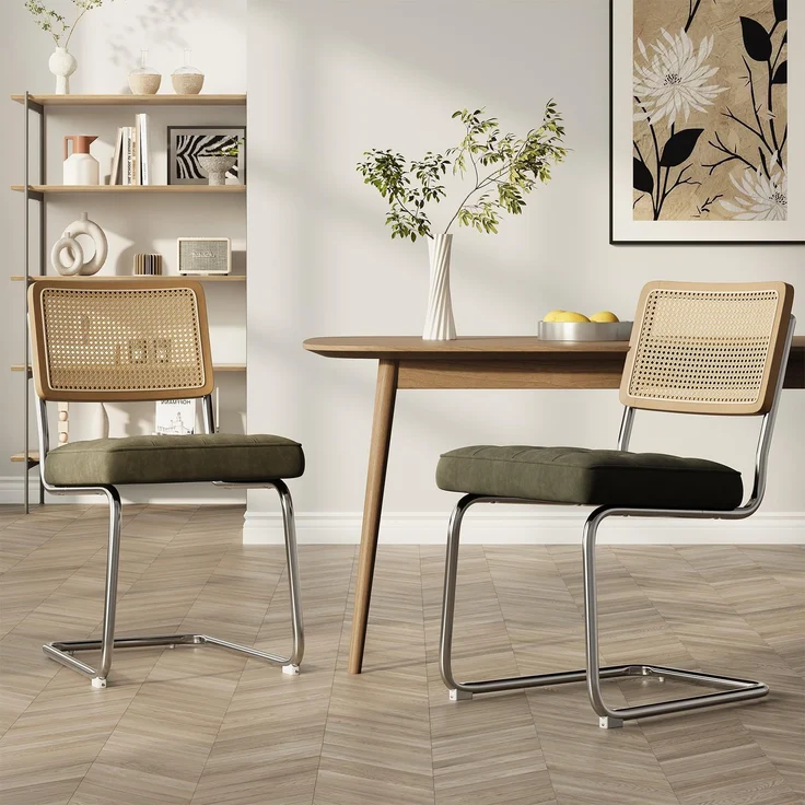 COLAMY Rattan Esstischstühle 2er Set, Samtbezug mit Metallgestell, Grün