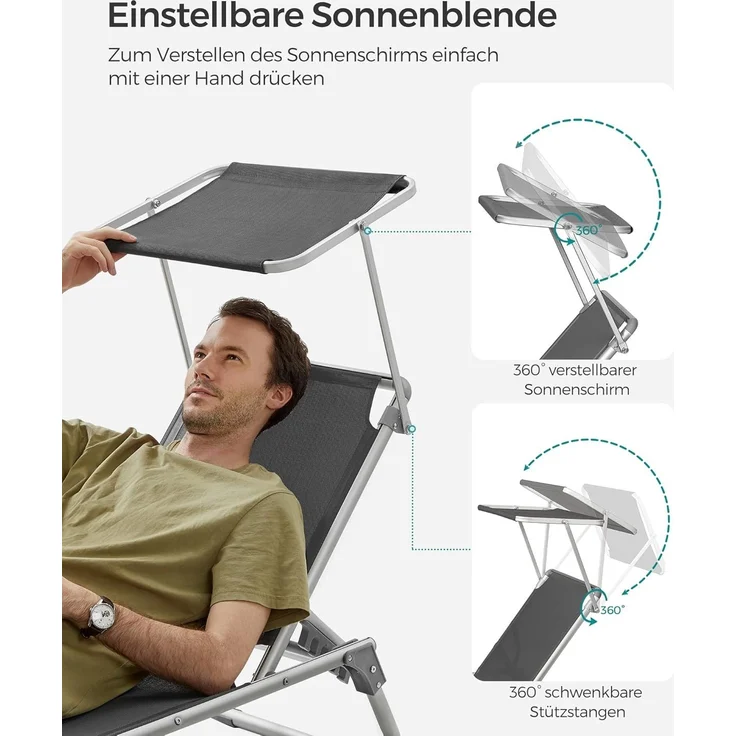 SONGMICS Sonnenliege, klappbarer Liegestuhl, 193 x 55 x 31 cm, max. Belastbarkeit 150 kg, mit Sonnenschutz, Rauchgrau – Bild 3