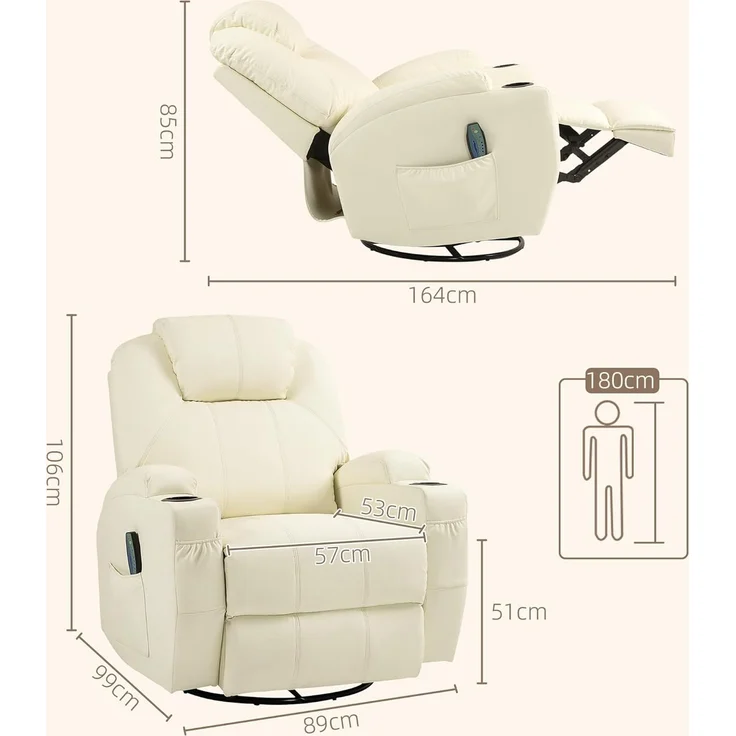 HOMCOM Massagesessel mit Fernbedienung, Drehbarer Fernsehsessel mit Liegefunktion (Ruhesessel, 1-St, Relaxsessel), für Wohnzimmer, Cremeweiß – Bild 7
