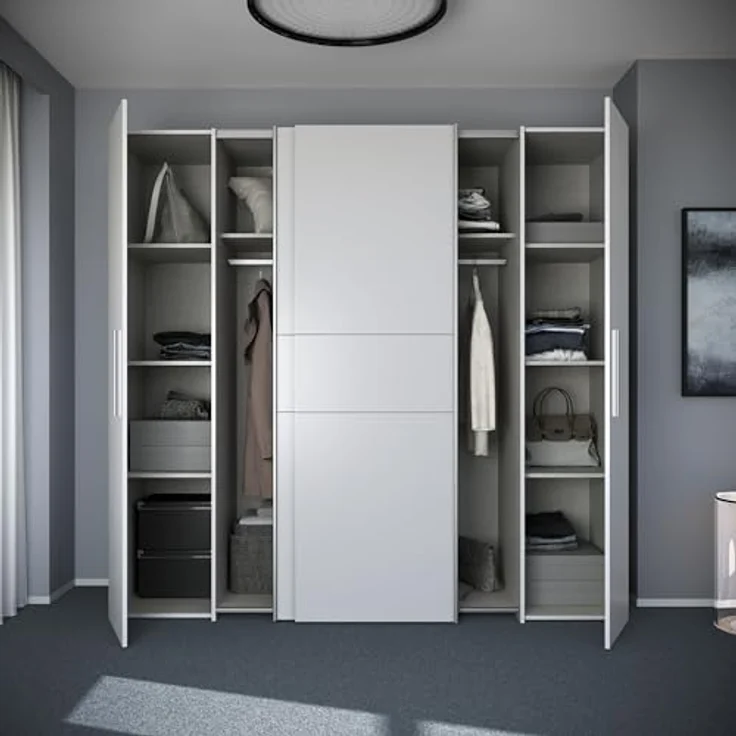 Forte KALIXTUS Kleiderschrank 200, moderner Dreh-/Schwebetürenschrank, 4-türig, Einlegeböden, Kleiderstangen, Holzwerkstoff, Weiß, 200,1 cm breit x 190,5 cm hoch x 61,2 cm tief – Bild 10