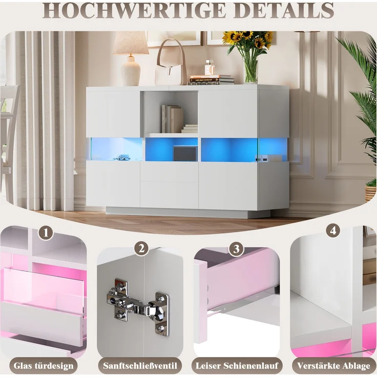 Wohnzimmerschrank aus Holzwerkstoff mit Glasvitrine & LED, 140x35x75 cm, Weiß – Bild 6