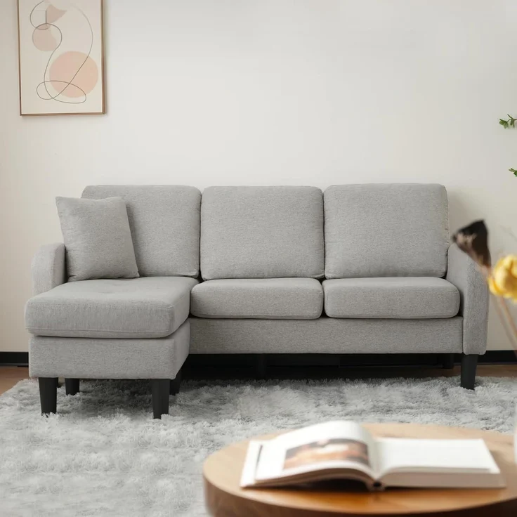 Ecksofa 3Sitzer LForm Leinenstoff Kunststoffbeine Grau – Bild 4