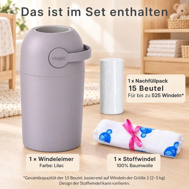 Set Magic Windeleimer, Abfalleimer mit Geruchsstopp, ohne Kassette + Windel – Bild 6