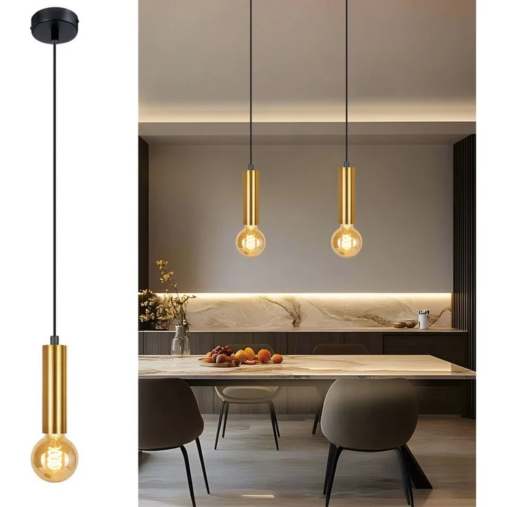 Nettlife Hängeleuchte Gold 1 Flammig Esszimmerlampe E27 Metall Industrial Pendelleuchte, Höhenverstellbar, ohne Leuchtmittel, Bettlampe Nachttisch Hängend Küchenlampe für Schlafzimmer Flur – Bild 1