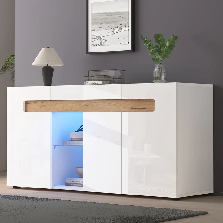 ZUBALIYA Sideboard 140x40x70 cm, mit LED-Beleuchtung, mit App-Steuerung, Hochglanz, aus Spanplatte, Weiß / Natur – Bild 22