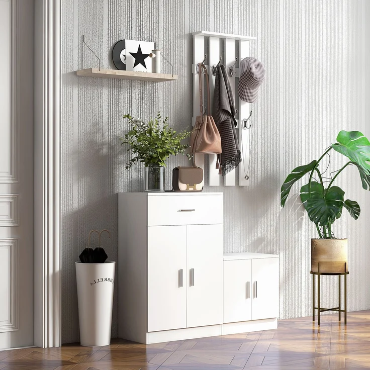 Kombinierter Schuhschrank mit Kleiderhaken für den Eingangsbereich und das Schlafzimmer, Holz, 100 x 32 x 187 cm, weiß – Bild 3