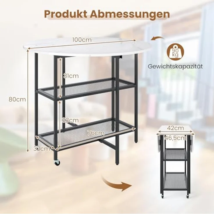 FANTASK Küchentisch klappbar, Esszimmertisch für 2-4 Personen, Esstisch mit 2 Ablagefächern, mobiler Klapptisch Marmor Optik, runder Tisch für Esszimmer & Wohnzimmer (Weiß) – Bild 3
