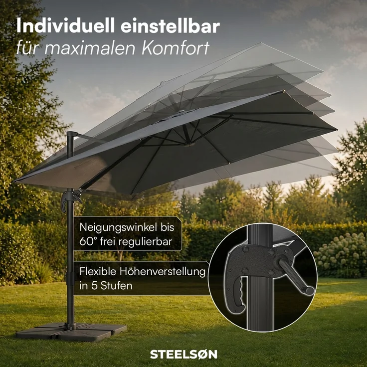 STEELSØN 'Lyrion' Sonnenschirm 300x300 cm quadratisch, neigbar und 360-Grad drehbar, anthrazit, Ampelschirm inkl. Abdeckung, UV50+ – Bild 3