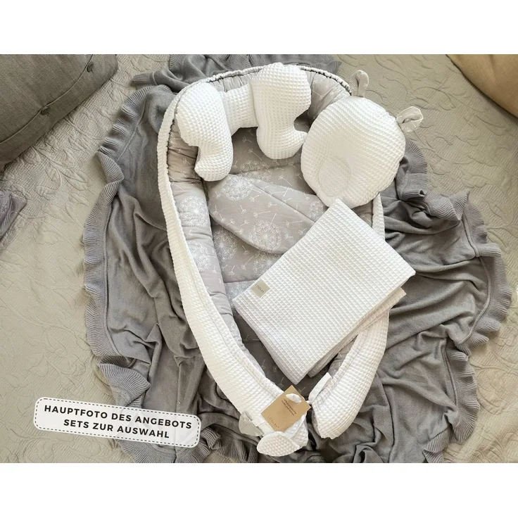 Loolay Bettnestchen WAFFELPIQUE Baumwolle BABYNEST Babykokon Neugeborene Babyausstattung, (Reisebett Nestchen SOLO/ o. in Geschenk SETS, 1-tlg, 4 Jahreszeiten WAFFELSTOFF - Design: Pustelblume Grau/ WAFFEL Weiß), 100% Europäische Stoffe und Kleinserien...