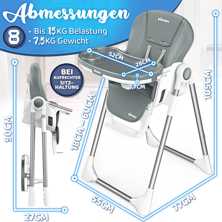 KIDUKU® Hochstuhl Baby 3in1 mit Neugeborenenaufsatz + Lätzchen, Spielbogen & Tisch | Kinderhochstuhl klappbar mit Liegefunktion | Kombihochstuhl höhenverstellbar | Babystuhl mitwachsend 0-36 Monate – Bild 8