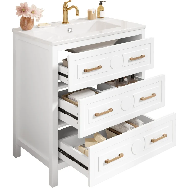 Waschtisch 76,5 x 47 x 82 cm, freistehend, weiß, mit Keramikbecken und 3 Schubladen – Bild 3