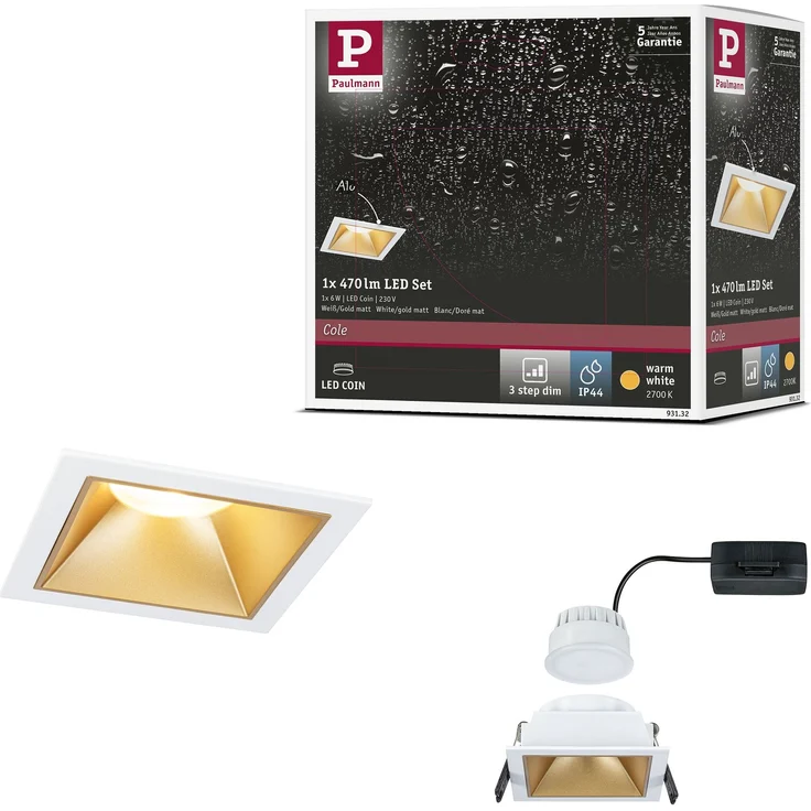 LED Einbauleuchte 3-Step-Dim Cole Coin 1er-Set IP44 eckig 88x88mm Coin 6W 470lm 230V dimmbar 2700K Weiß, Gold matt – Bild 7