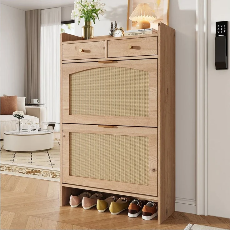 Flieks Schuhschrank Schuhkipper Schuhkommode mit Arbeitsplatte, 2 Rattan-Klappen Holzoptik (65×25×106 cm, 1-St) Schuhregal Flurschrank mit verstellbaren Einlegeböden Landhausstil – Bild 1