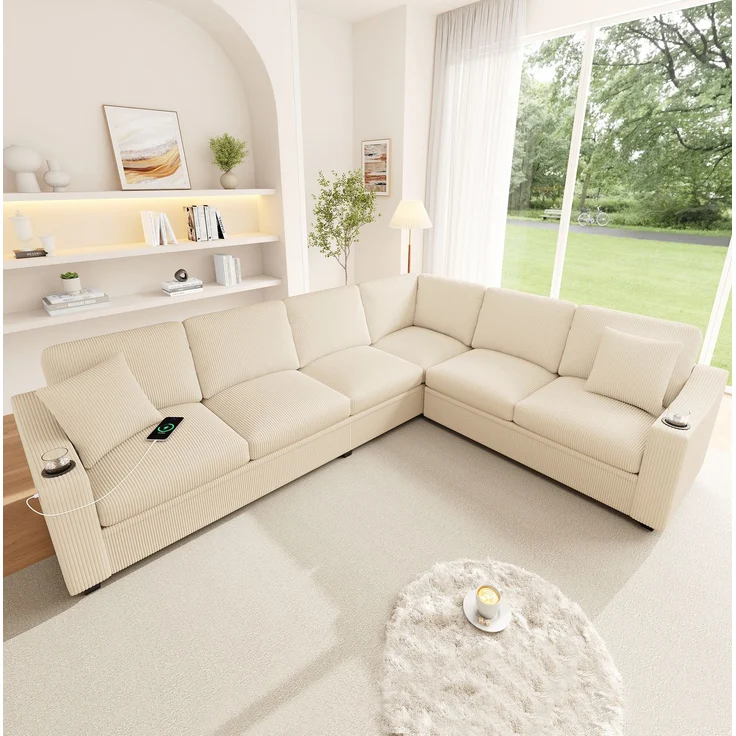 Ecksofa 277x215x85 cm in Beige mit Cordbezug, USB-Anschluss und Getränkehaltern – Bild 2
