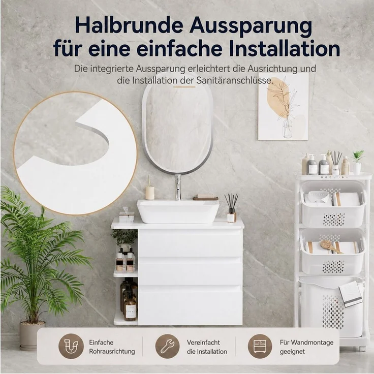 Yorbay Waschbeckenschrank Wandhängend Unterschrank, mit 3 Soft Close Schubladen, Seitenregal Waschtischunterschrank 80 cm, Weiß, Waschbecken exklusive – Bild 4