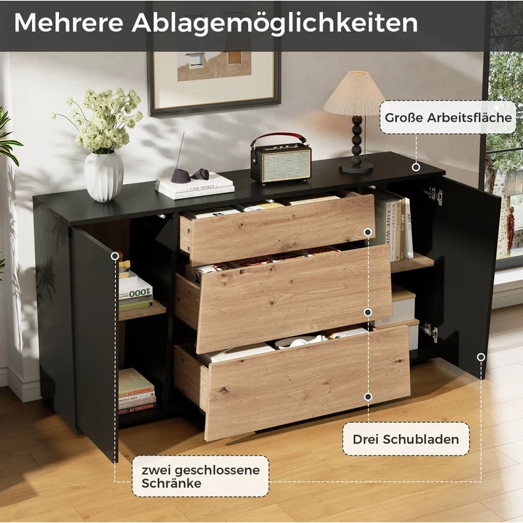 DESVIAE Sideboard Schwarz/Naturholzoptik aus MDF/Spanplatte – 140x70x35 cm – 3 Schubladen, 2 Türen – Bild 6