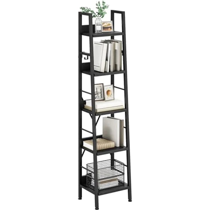 YITAHOME Bücherregal mit 5 Ebenen, hohes, schmales dünnes Holzregale und Metallrahmen, modernes Regal für Wohnzimmer, Flur, Büro, schwarzes – Bild 7