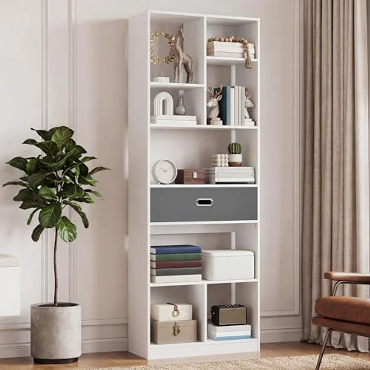 YITAHOME Hohes Bücherregal, freistehendes Regal mit 7 offenen Fächern und 1 Stoffschublade für Wohnzimmer, Schlafzimmer, Büro, Weiß, 60 B × 24 T × 170 H cm – Bild 4