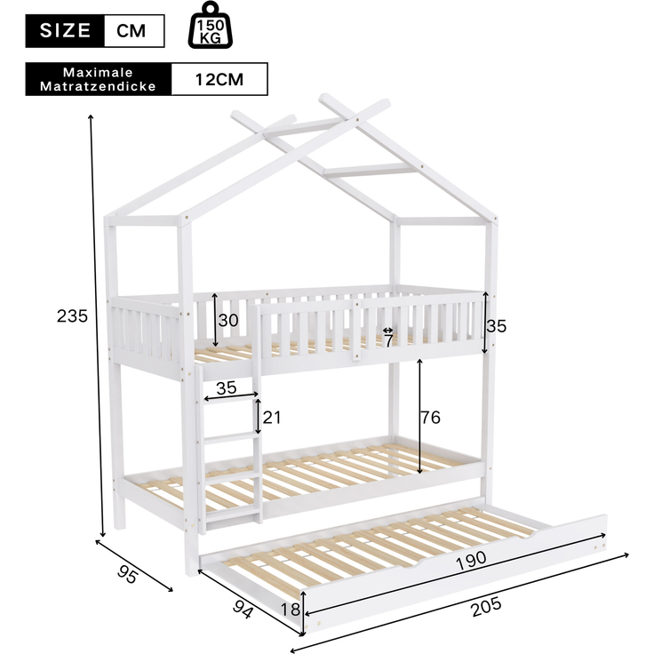 Etagenbett 90×200 cm aus Kiefernholz mit Ausziehbett, weiß – Bild 3