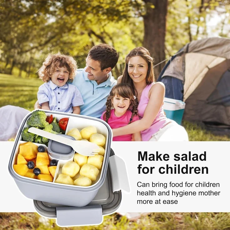 Lunchbox auslaufsicher Bento Box 3 Fächer Salatbehälter 1500 ML Grau – Bild 7